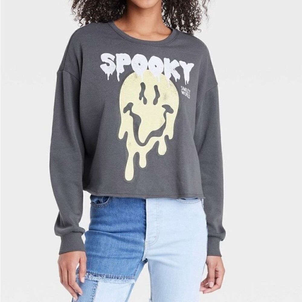 Women's Smiley World Spooky Graphic Oversized Casual Fall Sweatshirt Gray XL New
